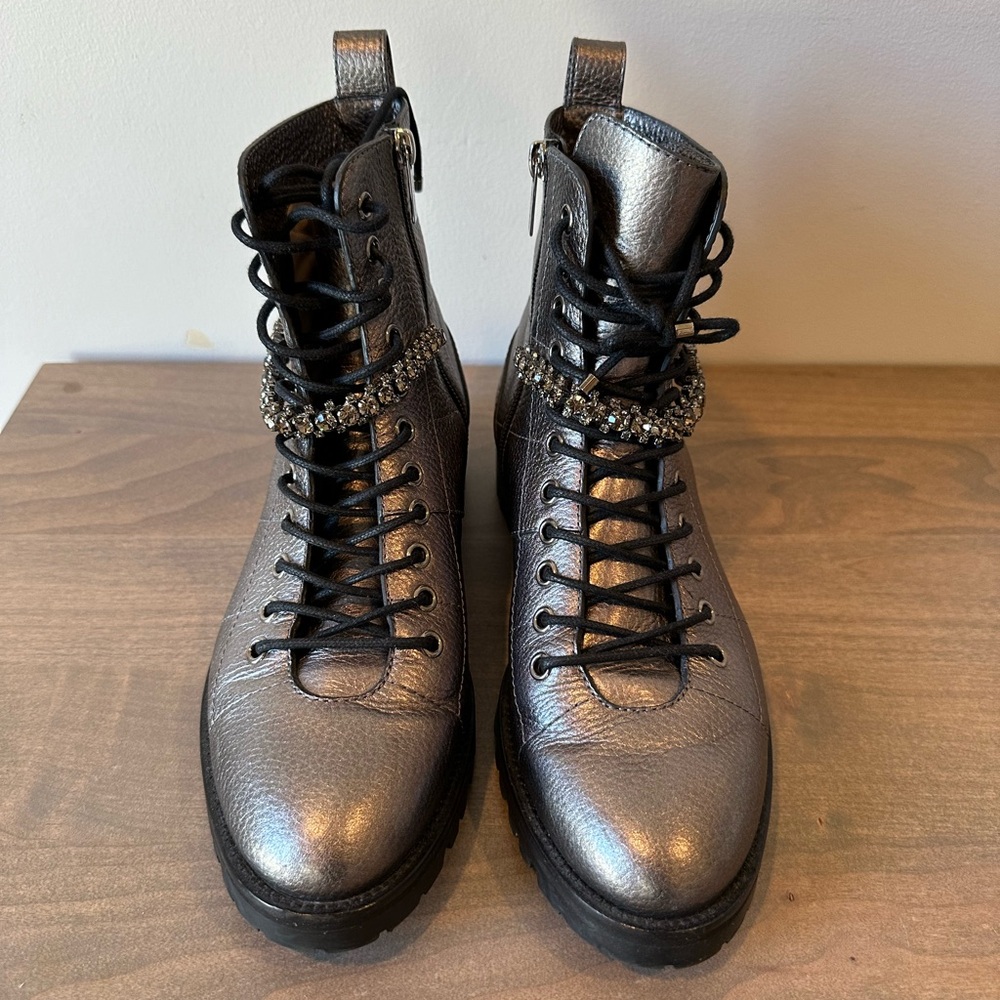 Jimmy Choo Cruz Crystal Combat Boots – Metallic Leather – Size 39.5 – Brand New